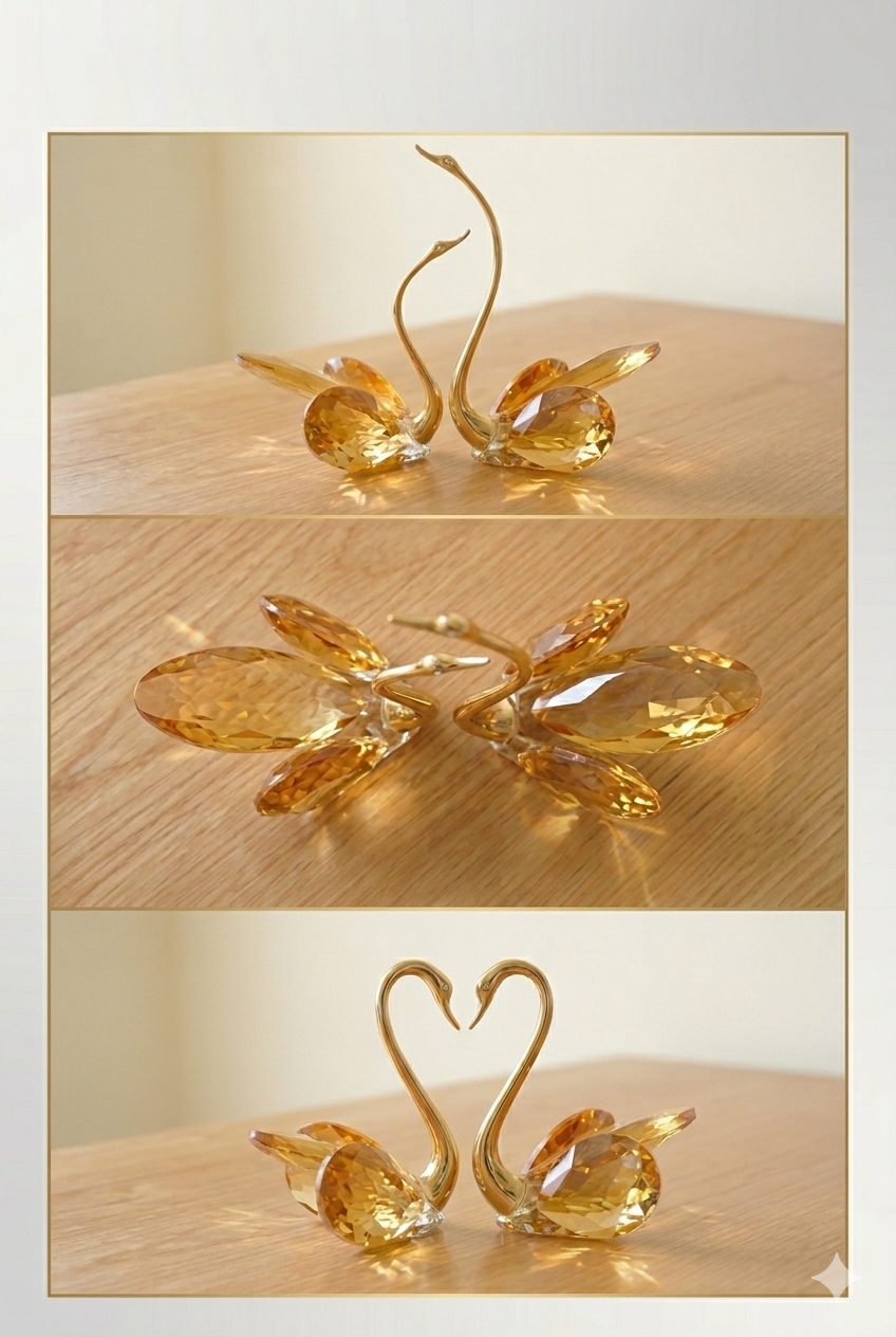Faceted Golden Crystal Swan Figurine (Set of 2)