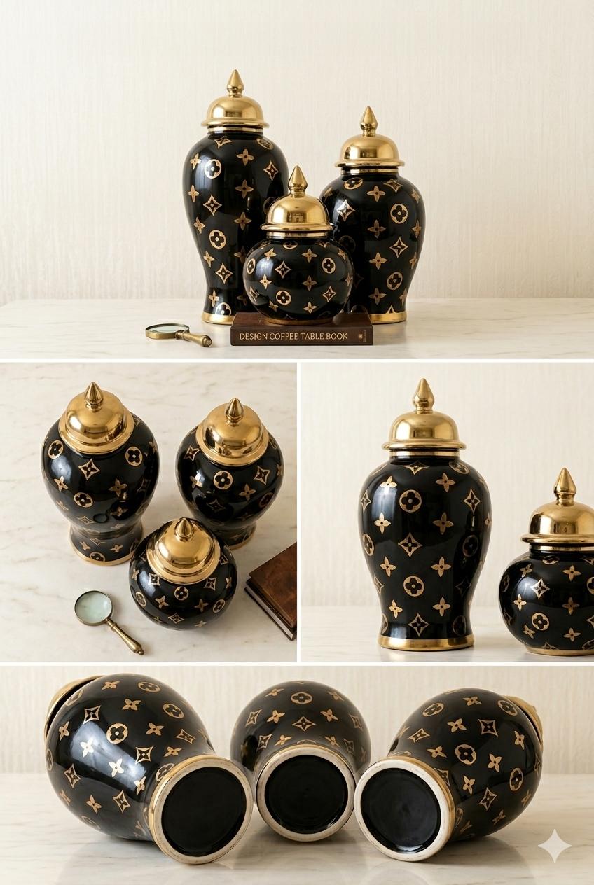 Luxury Black & Gold Ceramic Flower Vase Set