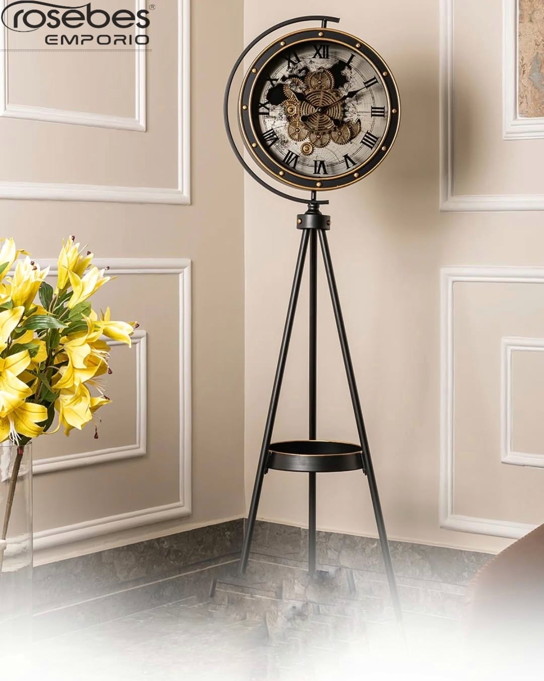 Industrial Tripod Stand Clock with Exposed Gears 1
