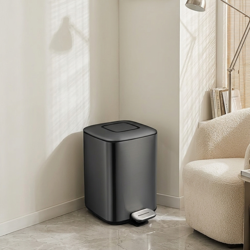 Minimalist Matte Charcoal Step Bin – Sleek, Hands-Free Waste Basket for Modern Interiors
