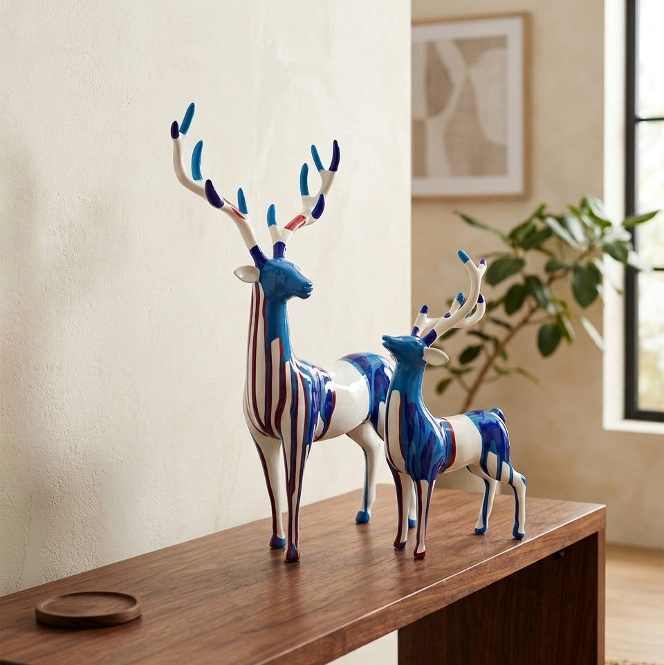 Abstract Blue & White Ceramic Deer Sculptures (Set of 2)