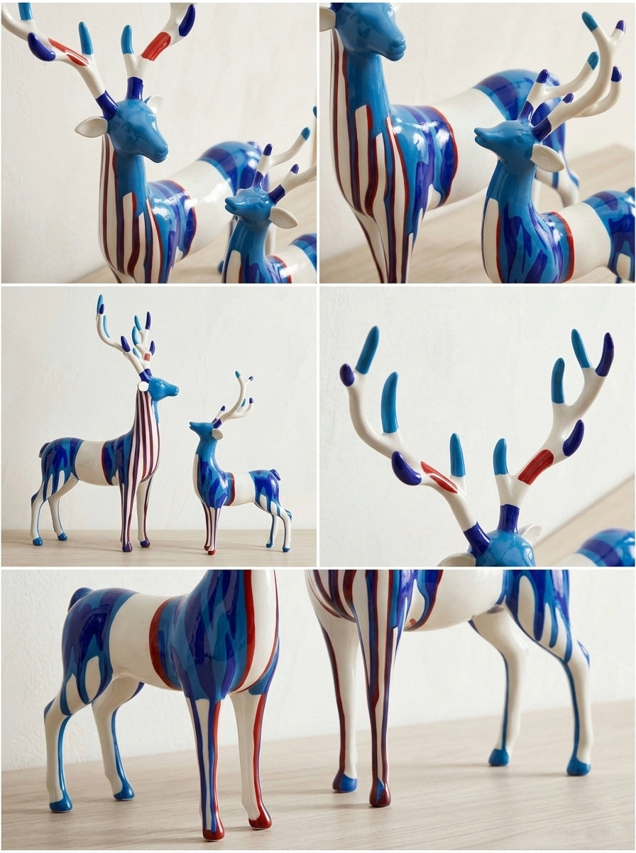 Abstract Blue & White Ceramic Deer Sculptures (Set of 2)