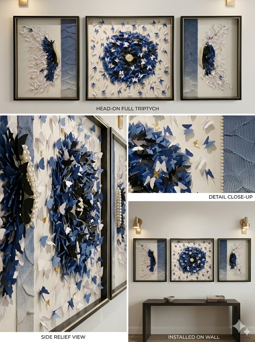 Metamorphosis in Blue: 3-Piece 3D Butterfly Triptych Wall Art