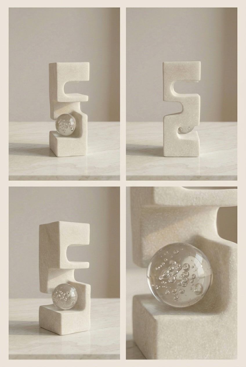 Aura Minimalist Geometric Stone Sculpture with Bubbled Glass Orb