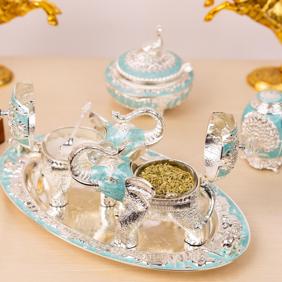 Regal Elephant Silver & Turquoise Meenakari Serving Set (3-Piece)