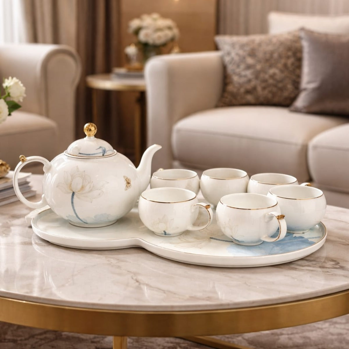 Elegant Porcelain Tea Set with Tray 1