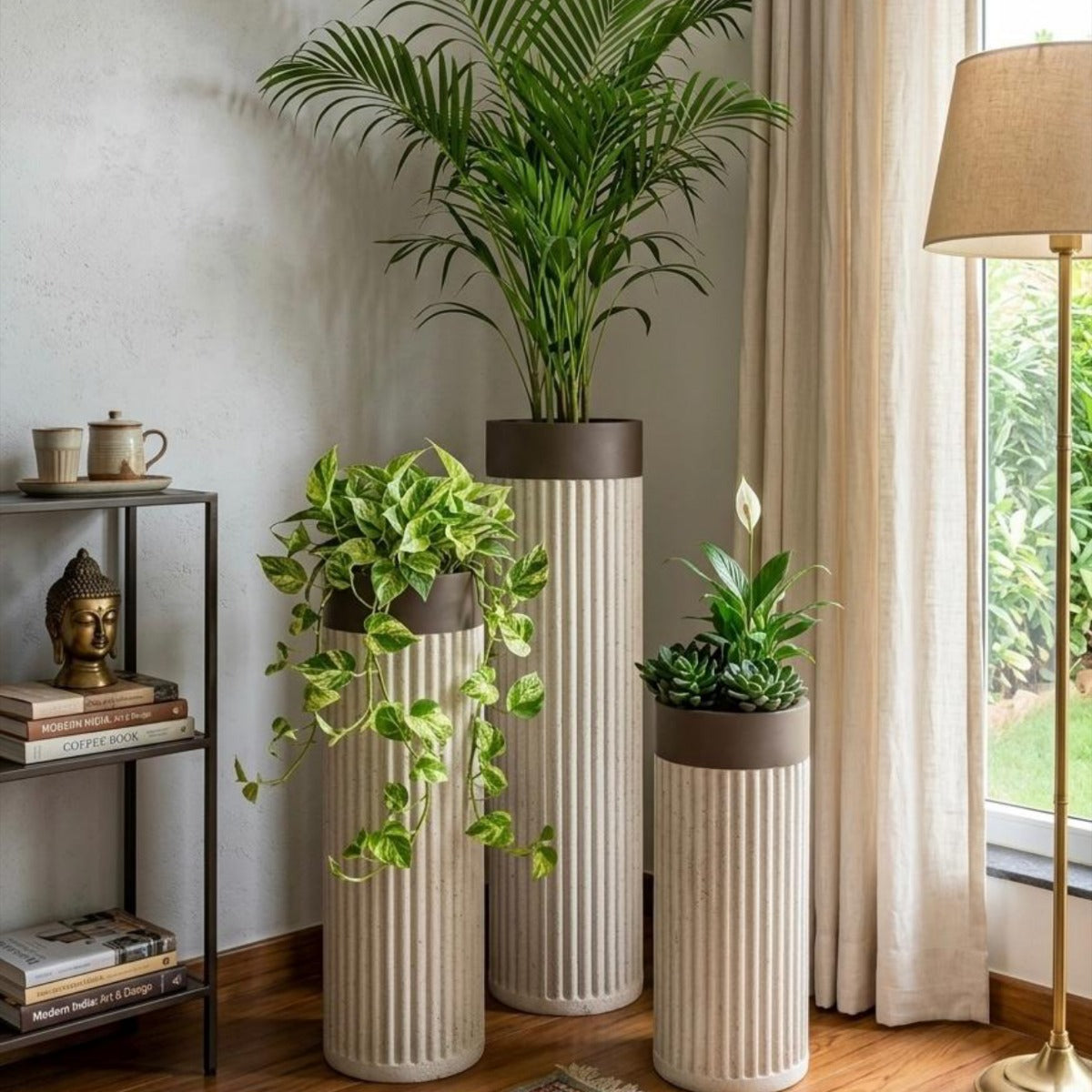 Fluted Ceramic Plant Stand Set Contemporary 1