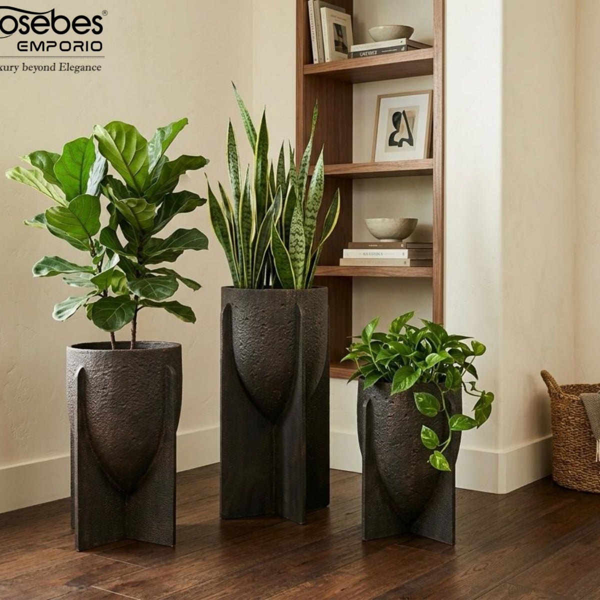 Contemporary Charcoal Textured Cylindrical Planters Set 1