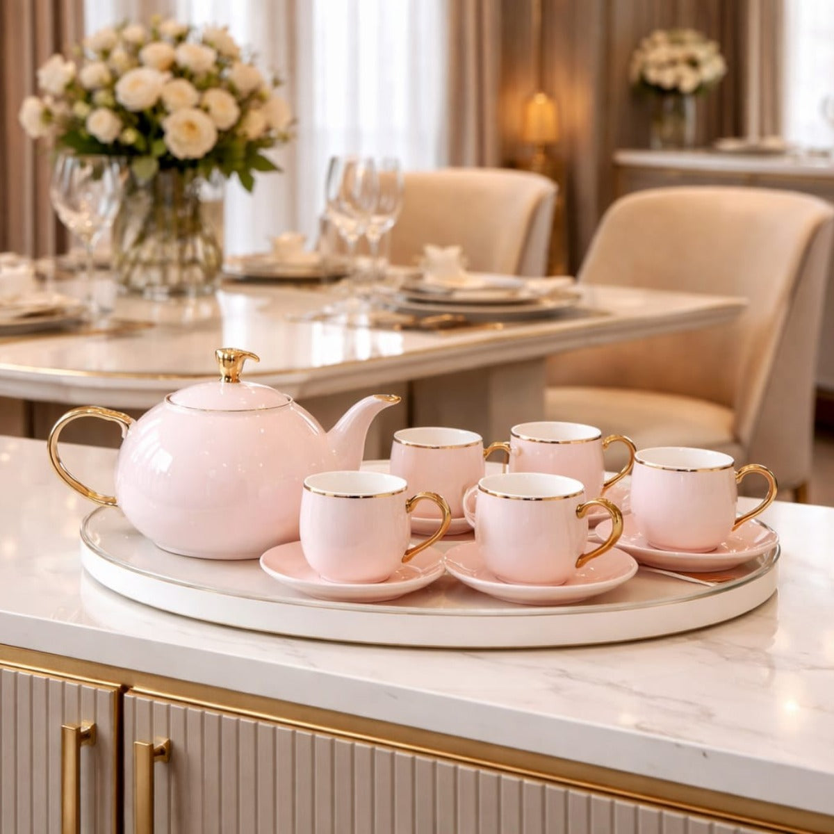 Elegant Porcelain Tea Set with Gold Trim 3