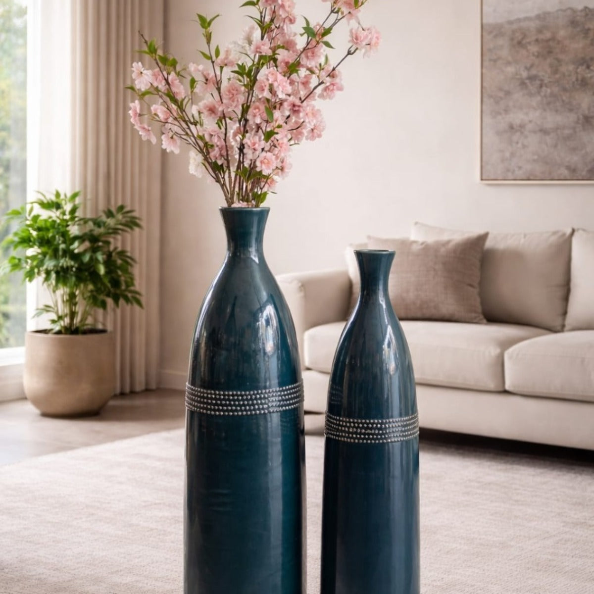 Teal Blue Ceramic Vase Set Decorative 1