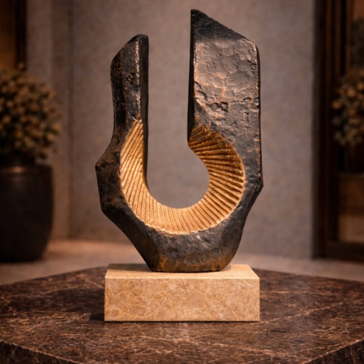 Illuminated U-Shaped Stone Sculpture Art Piece 1