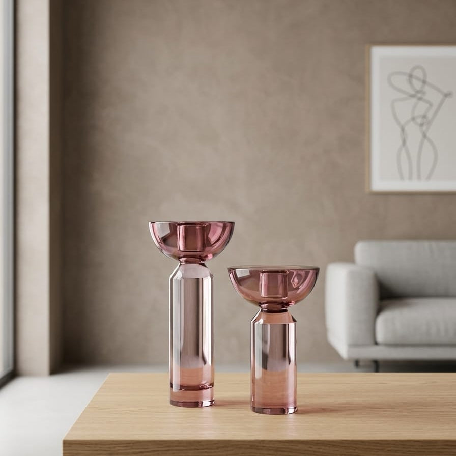 Aura Minimalist Rose-Tinted Glass Hurricane Candle Holders (Set of 2)