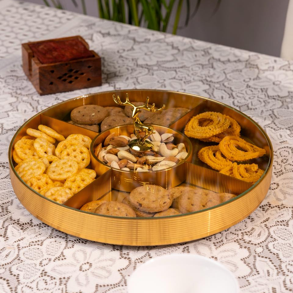 Regal Brass-Finish Multi-Compartment Serving Platter With Stag accent